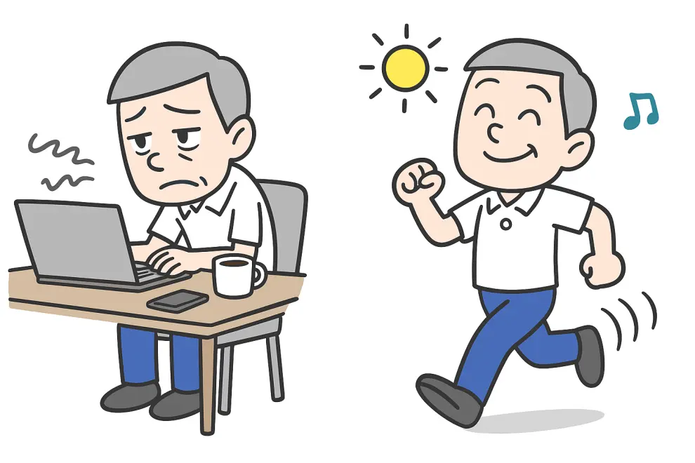 長時間座りっぱなしで疲れる男性と運動して元気な男性の比較イラスト