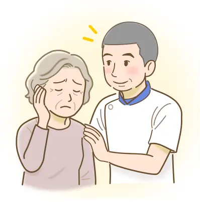 整体師が高齢女性に寄り添い体の不調相談を受けるイラスト|大津かえる整体院